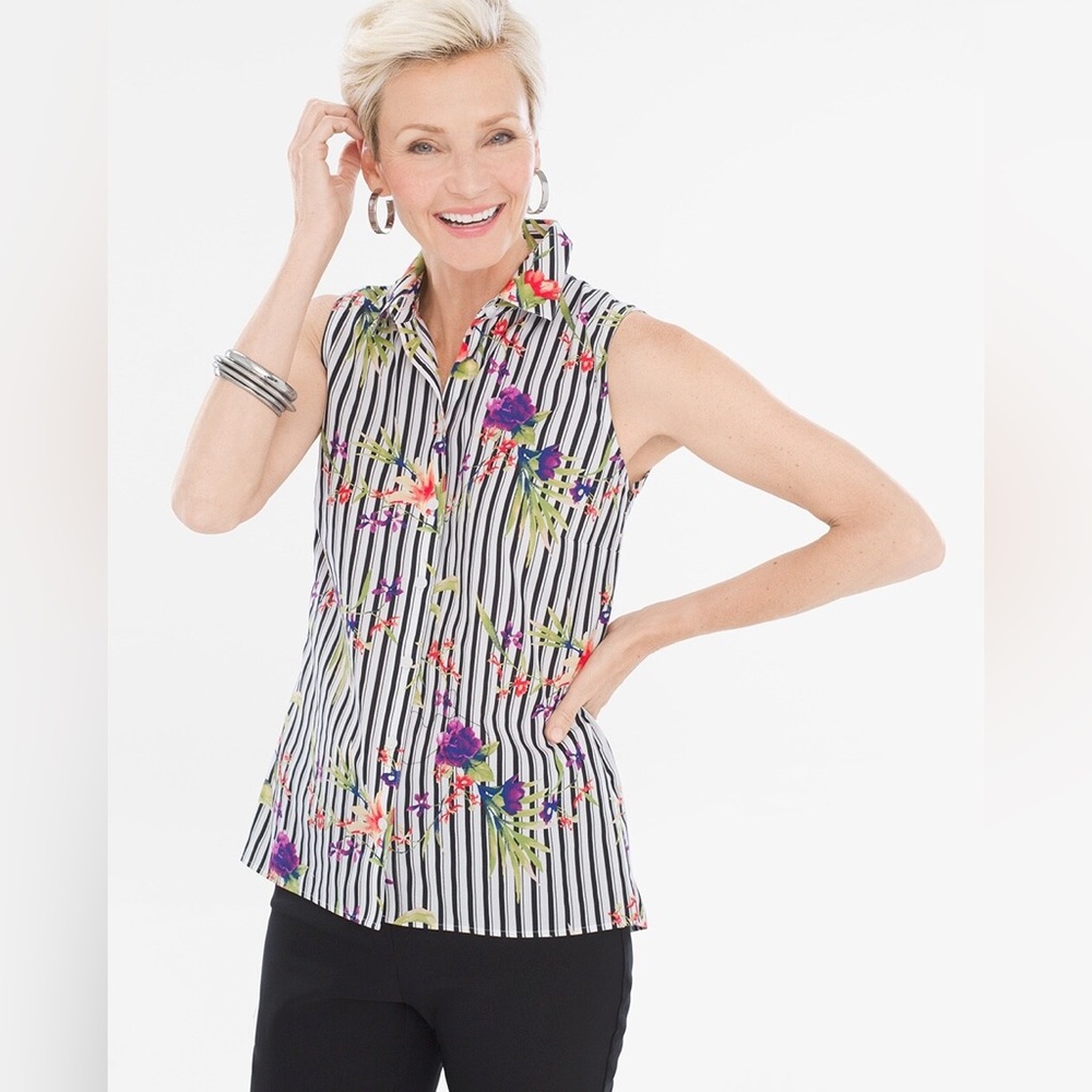 Chico's Size 1 Sleeveless Striped Floral Button-Down, Button-Back Shirt
